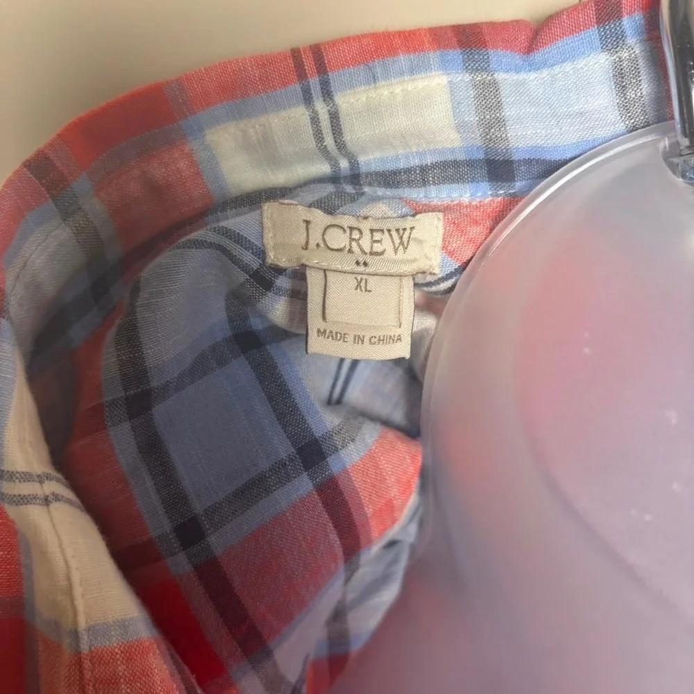 JCrew Blue Red Plaid Gauze Popover Long Sleeve Half Button Shirt Blouse Women XL